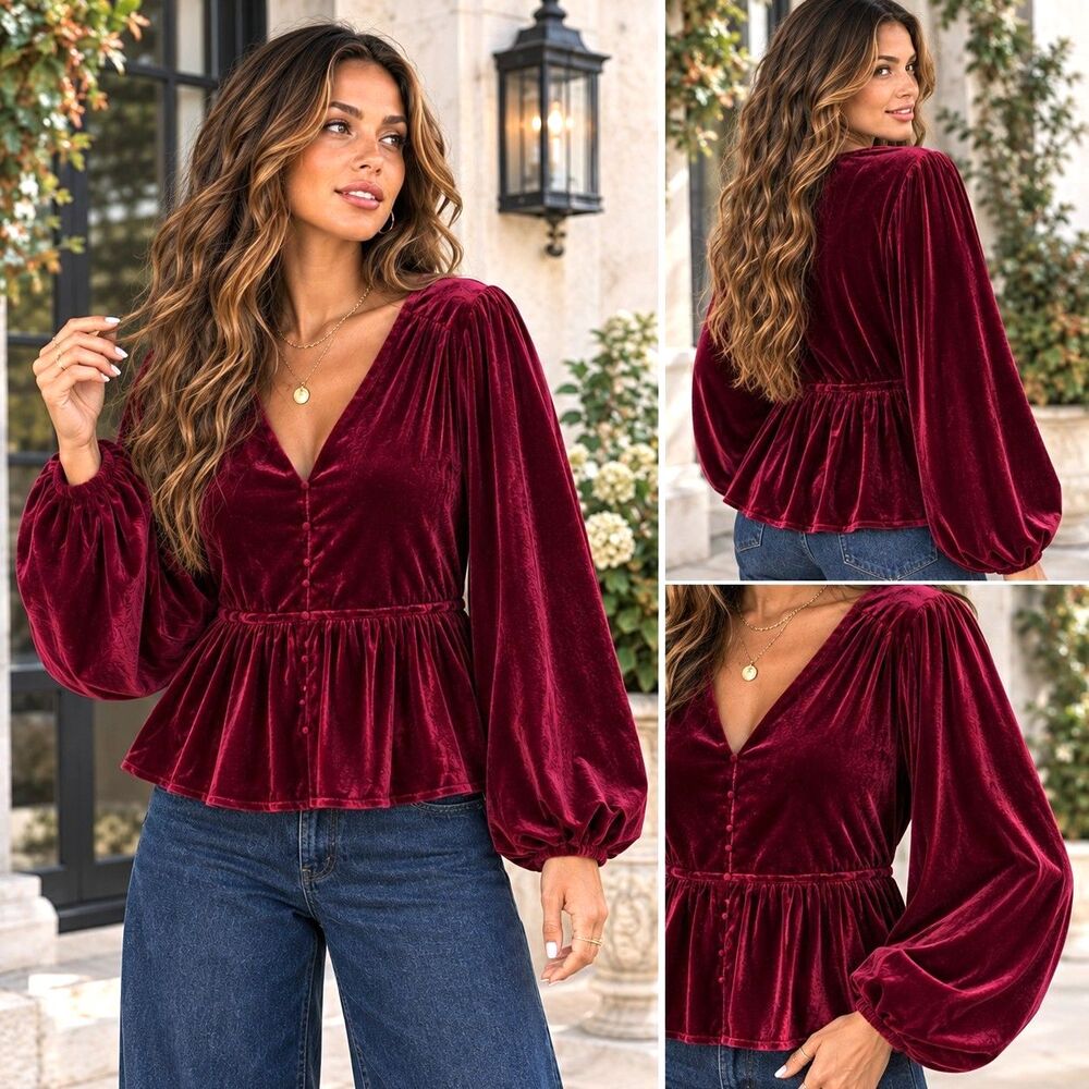 Fairygrunge 3X Burgundy Velvet Peplum Top Balloon Sleeve Holiday Party Romantic